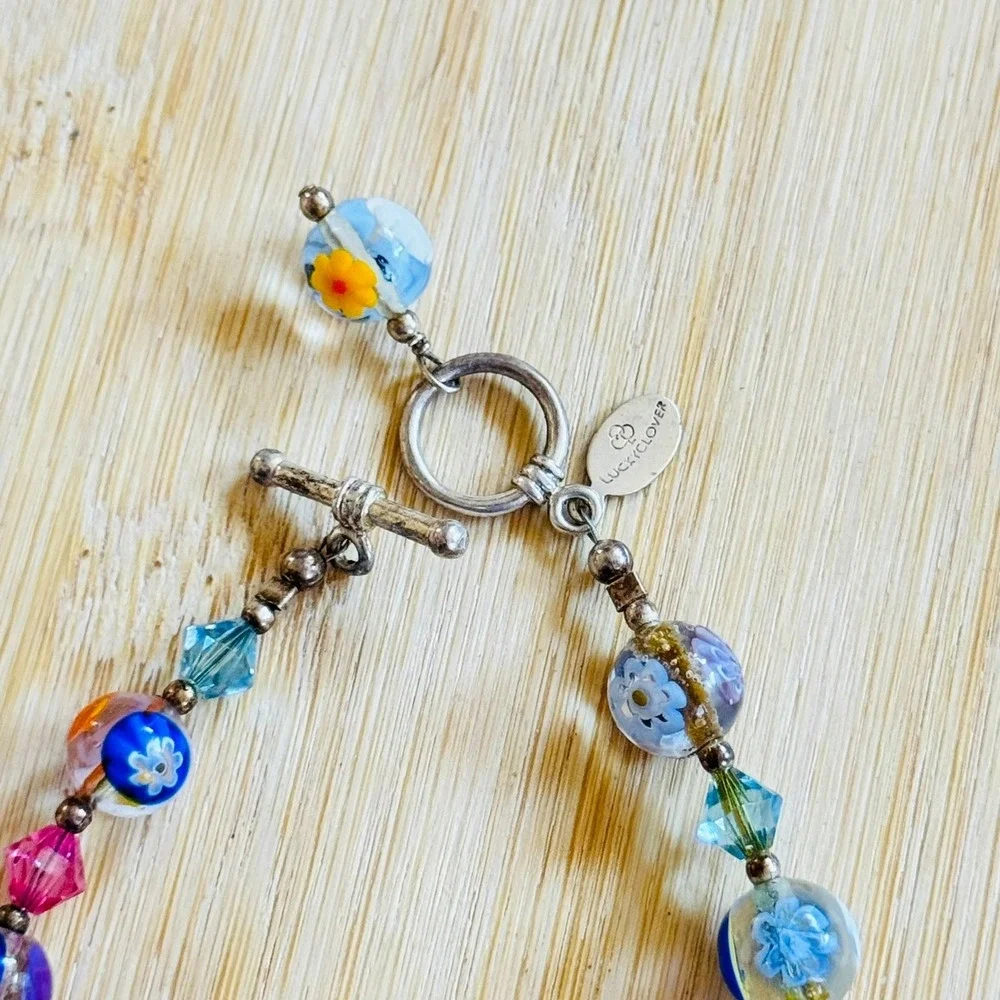 Lucky Clover Bracelet Murano Venetian Art Glass Beads Toggle Millefiori 925 7.5
